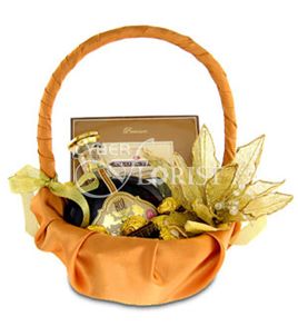 basket with cognac and chocolates